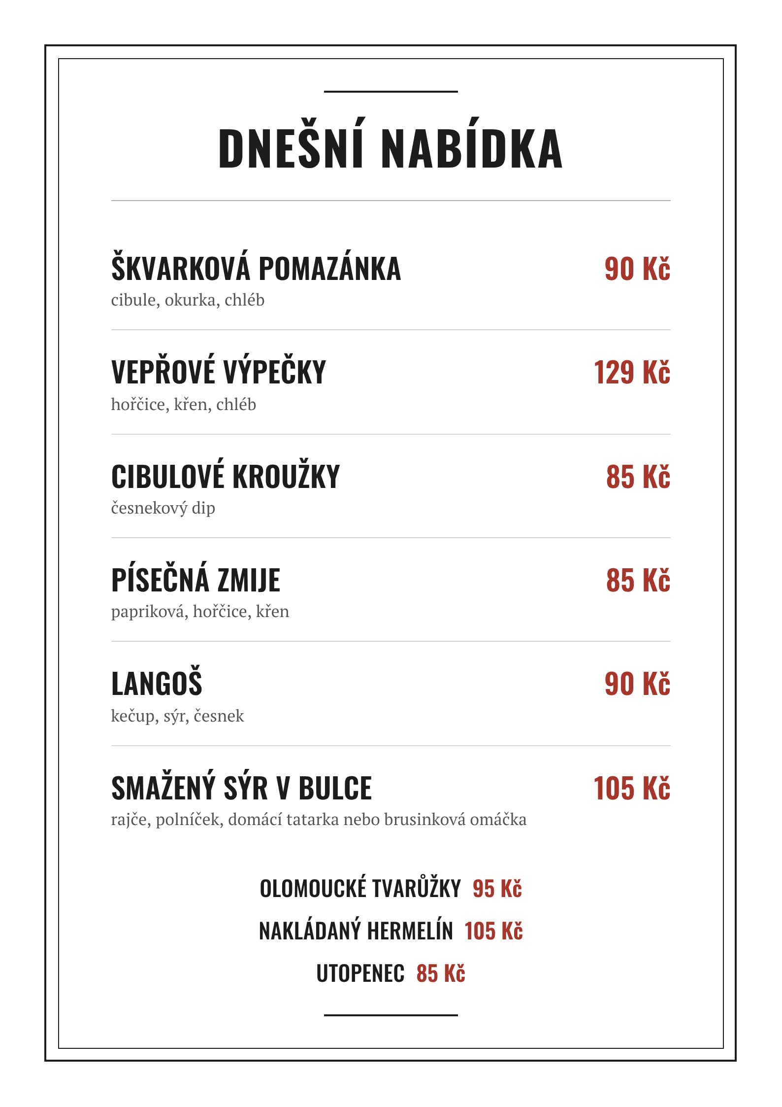 Páteční menu Polabinské Tankovny